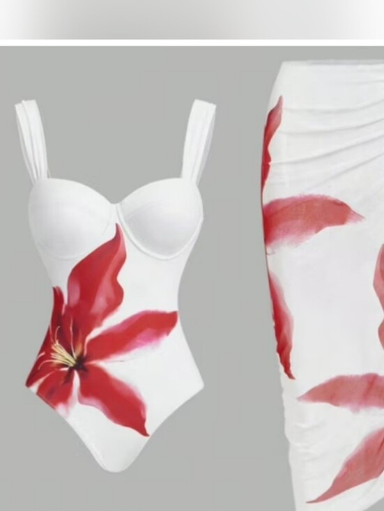 Other - White One-Piece Bathing Suit With Floral Print - Matching Skirt Cover Up. BB 40